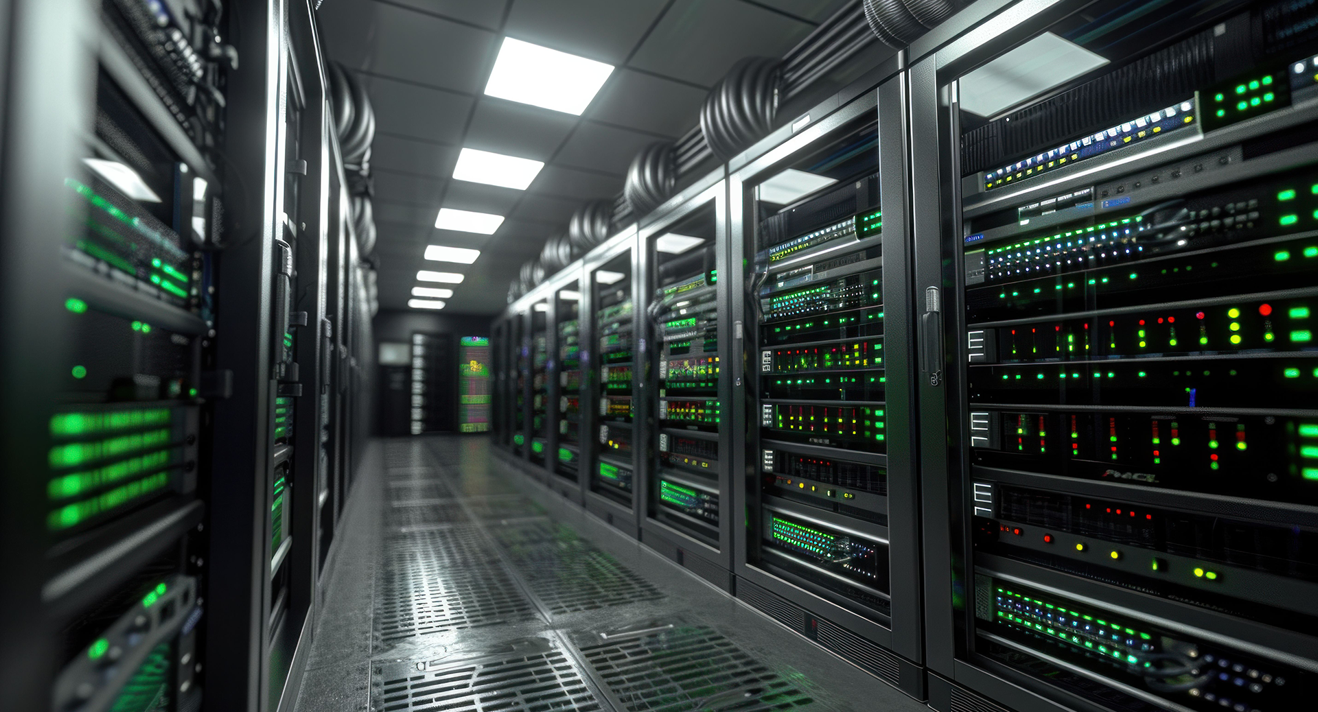 High-tech data center interior showing server racks, networking equipment, and blinking lights, designed for cooling and efficient management of cloud, AI, and internet services.